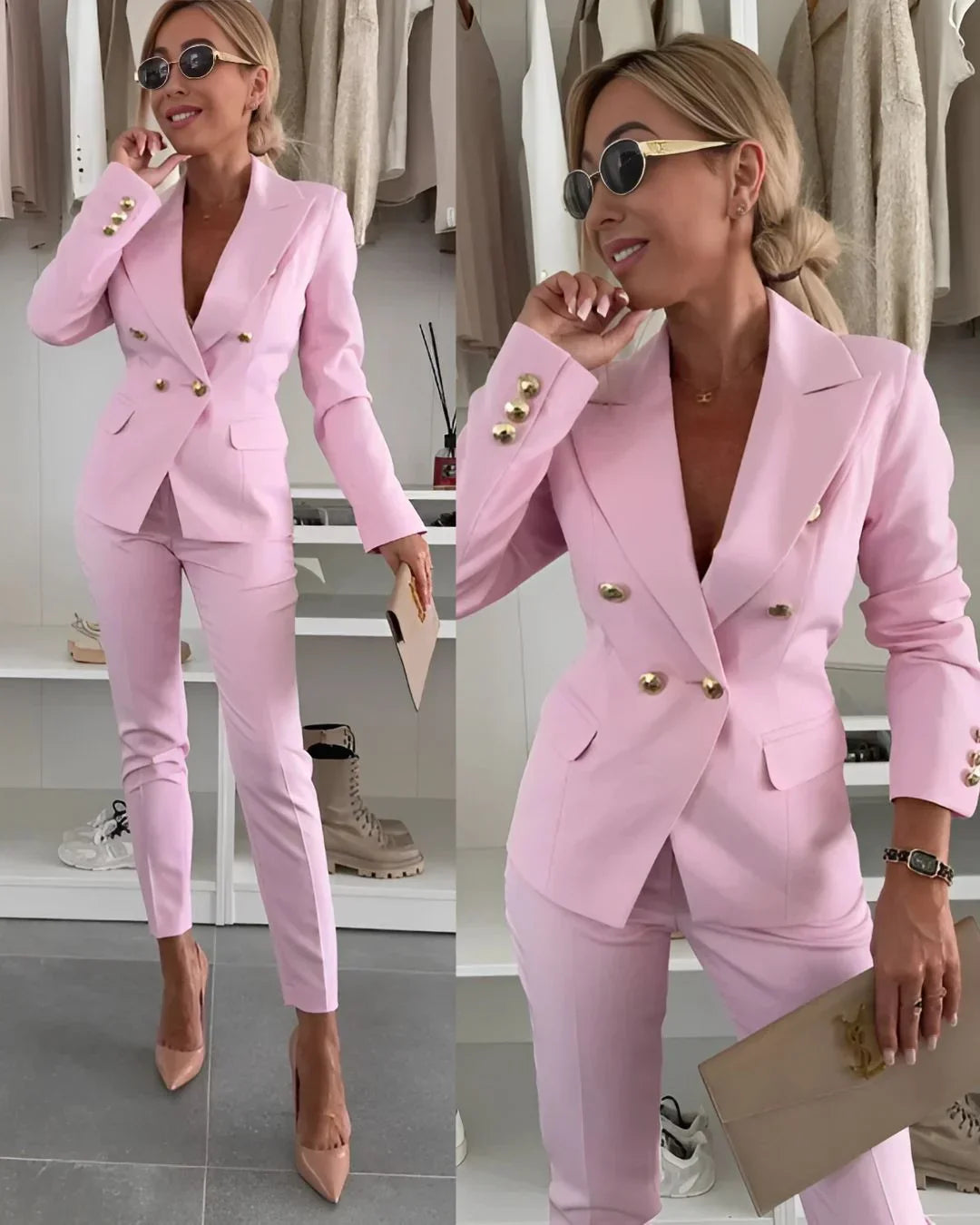 Conjunto elegante de chaqueta cruzada y pantalón